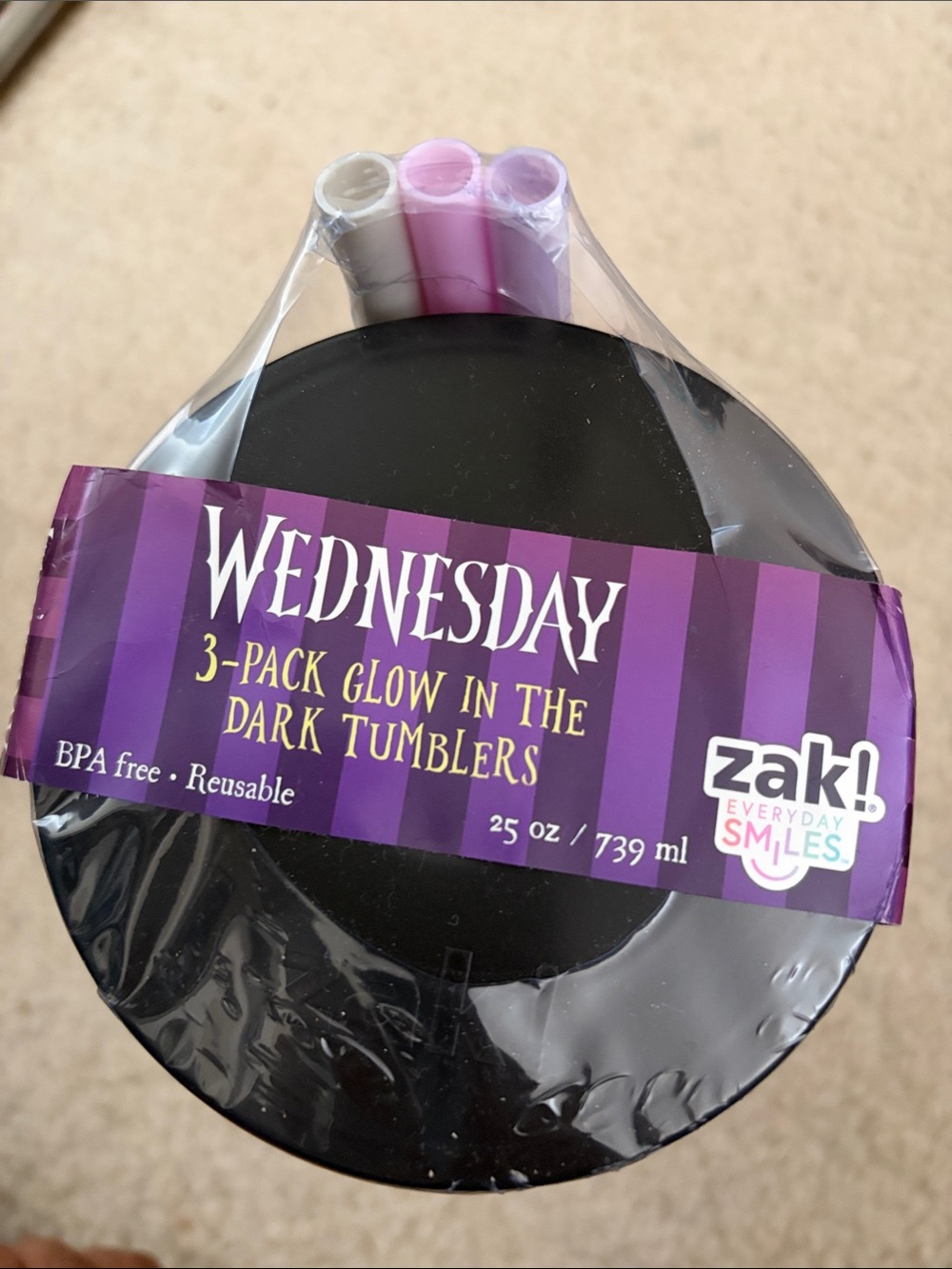 Wednesday Glow-in-the-Dark Tumblers - 3-Pack (Black & Pastel Straws)